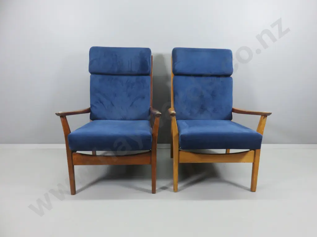 pair of mid-century Don mahogany framed high-back lounge chairs w/deep blue suede fabric H930 W620 D790 Image 1++
