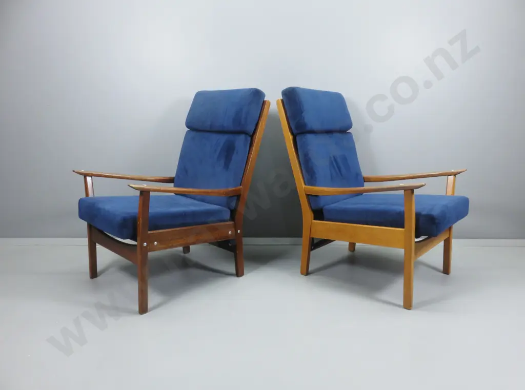 pair of mid-century Don mahogany framed high-back lounge chairs w/deep blue suede fabric H930 W620 D790 Image 1++