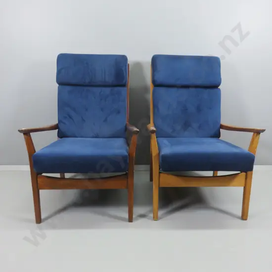 pair of mid-century Don mahogany framed high-back lounge chairs w/deep blue suede fabric H930 W620 D790