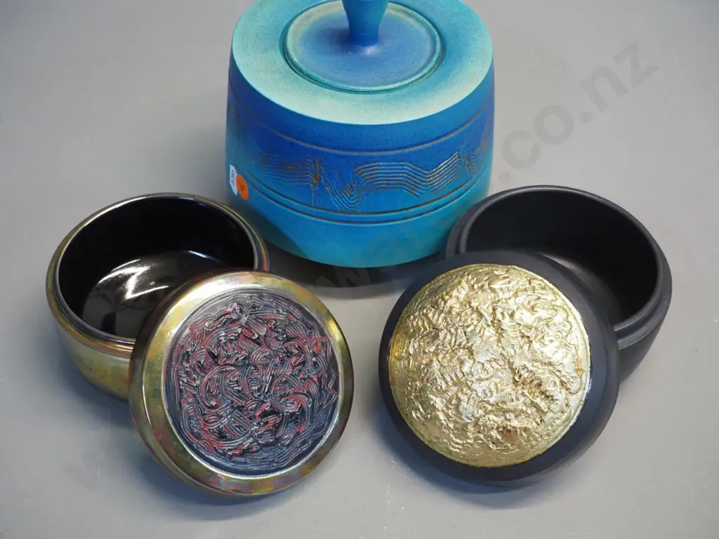 3 Danny Moorwood studio pottery lidded pots - larger turquoise one is H140 D140 Image 1++