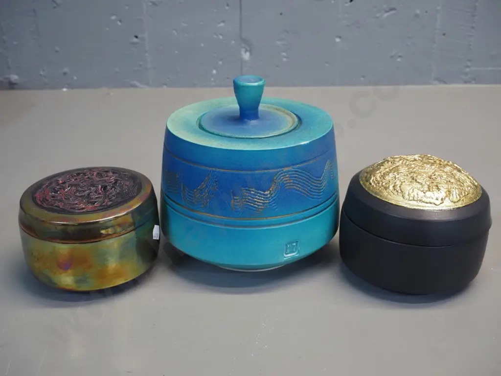 3 Danny Moorwood studio pottery lidded pots - larger turquoise one is H140 D140 Image 1++