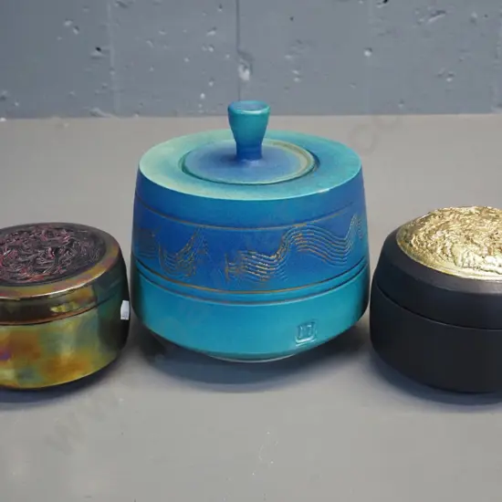 3 Danny Moorwood studio pottery lidded pots - larger turquoise one is H140 D140