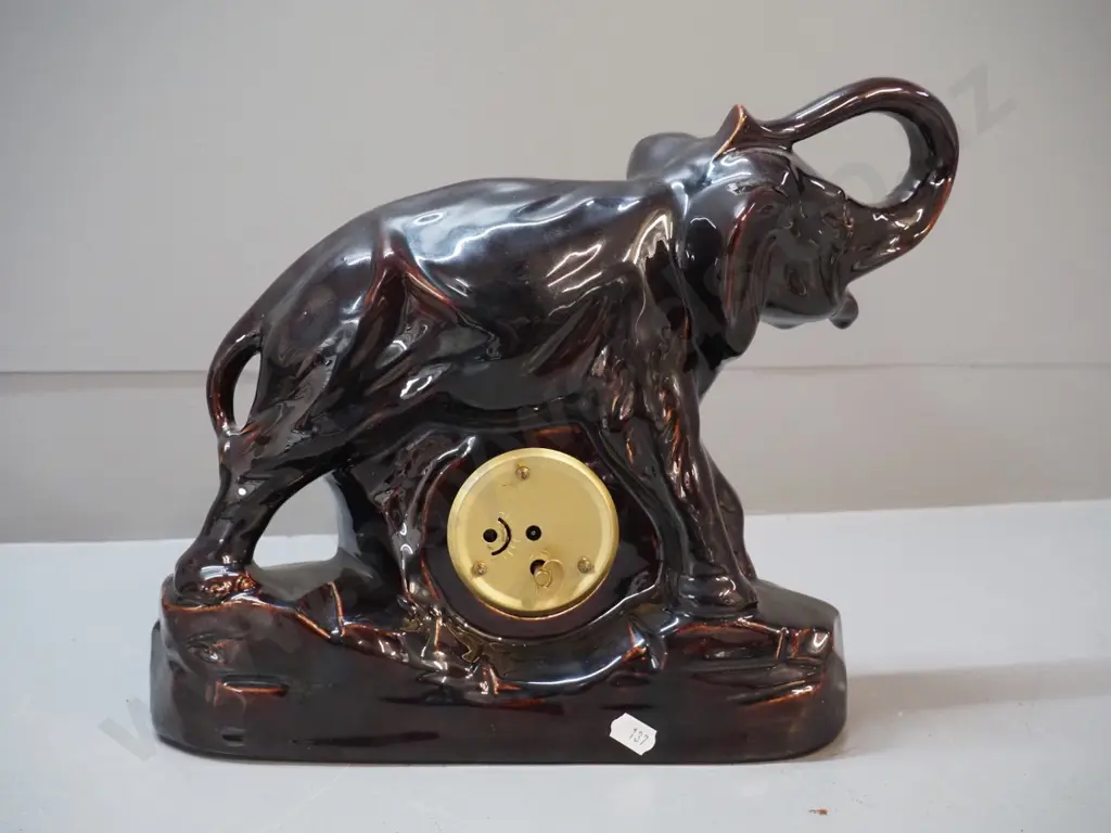 retro dark brown porcelain elephant mantel clock - working - movement marked Mercedes Germany H-265 L-350 Image 1++