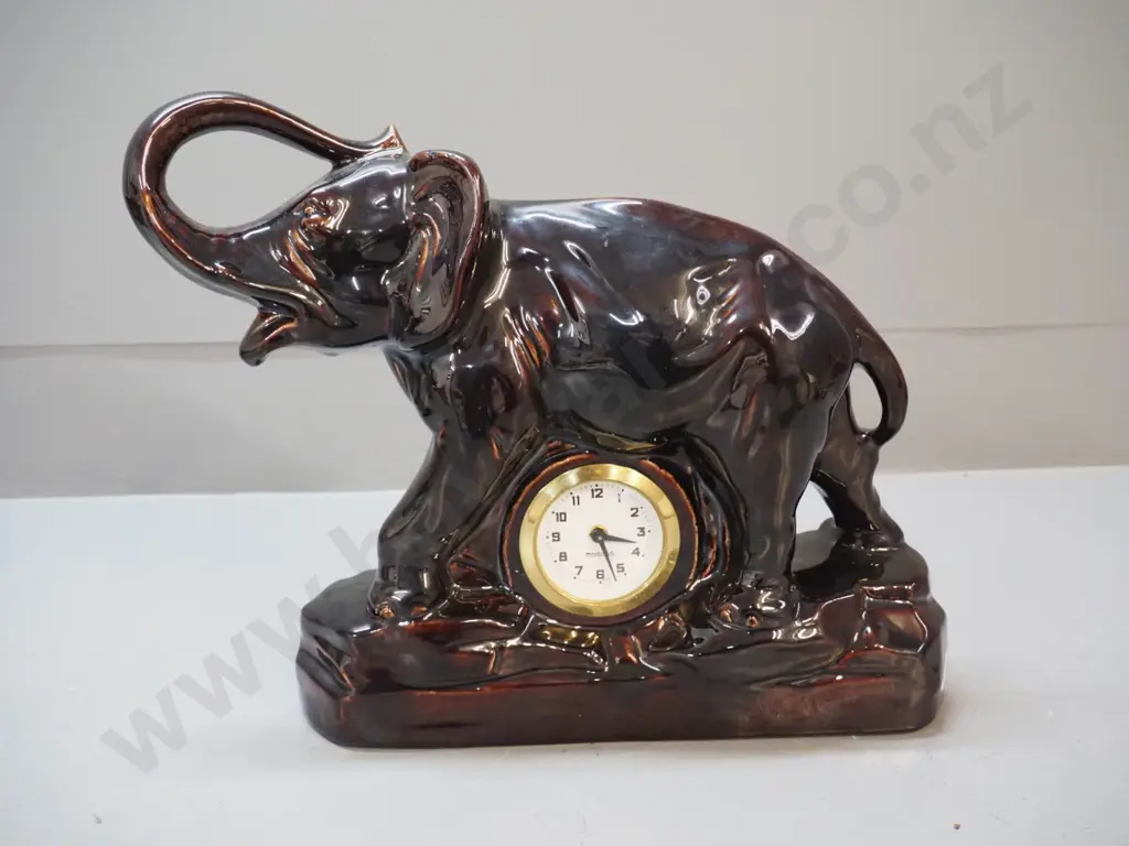 retro dark brown porcelain elephant mantel clock - working - movement marked Mercedes Germany H-265 L-350 Image 1++