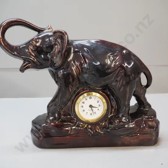 retro dark brown porcelain elephant mantel clock - working - movement marked Mercedes Germany H-265 L-350