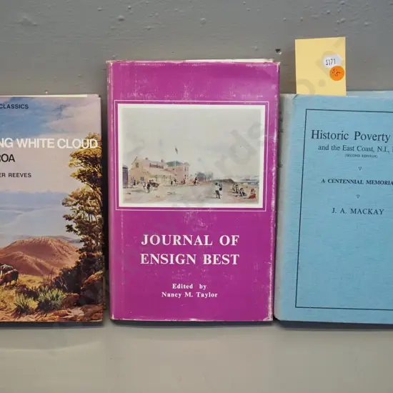 3 New Zealand books: Historic Poverty Bay, Long White Cloud, Journal of Ensign Best - some foxing & wear
