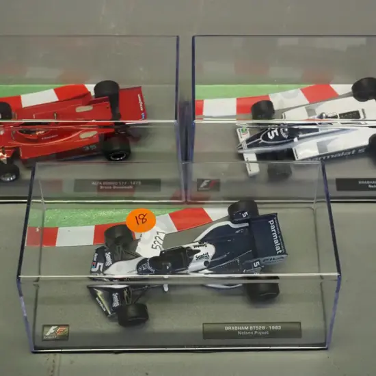 3 die-cast 1:43 scale Formula 1 racing cars - 1979 Bruno Giacomelli, 1981 and 1983 Nelson Piquet