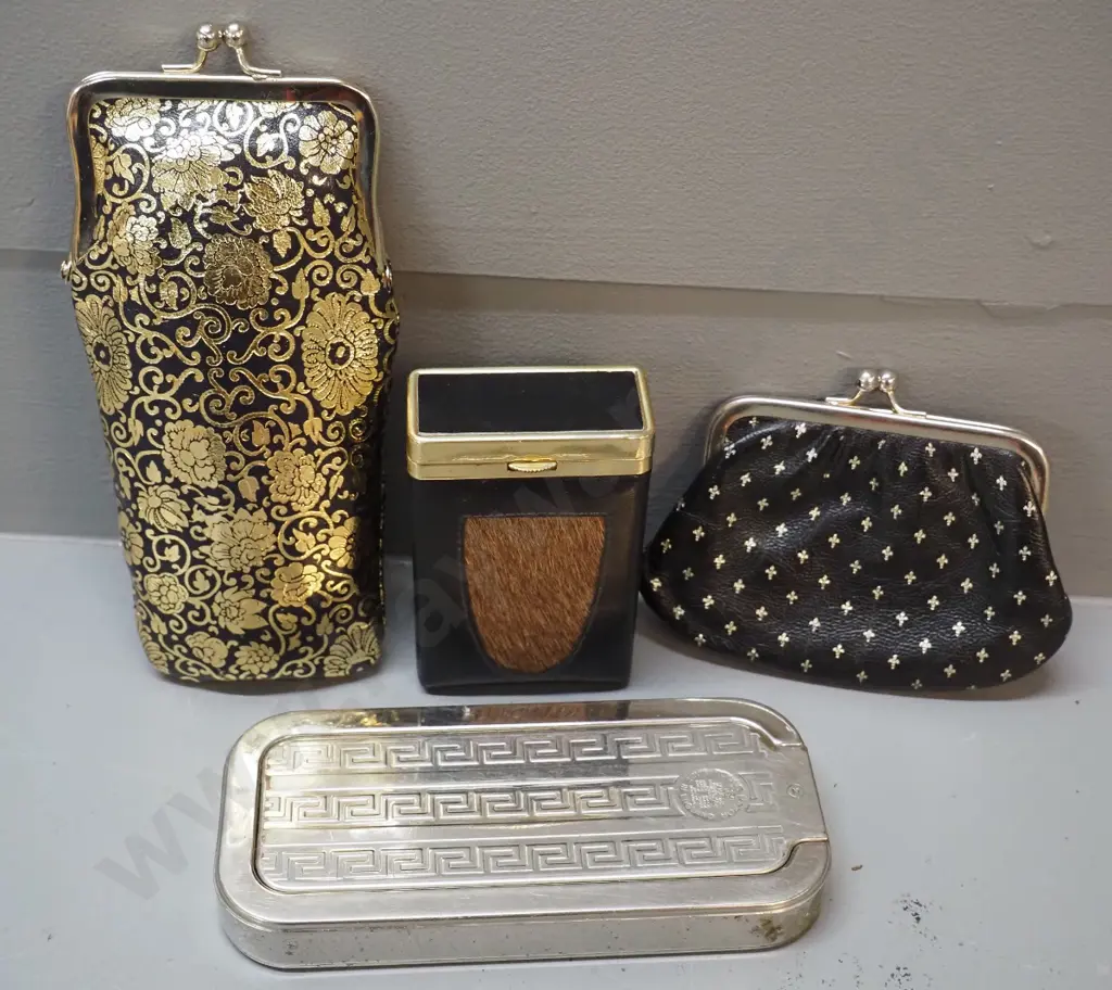leather glasses case and coin purse both marked Made in Italy, a leather cigarette case with fur insert, & a Rolls Razor Image 1++
