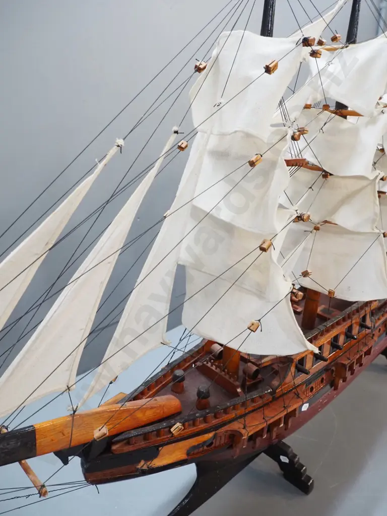 large timber model ship fully rigged with fabric sails, on integrated base H-800 L-1350 Image 1++