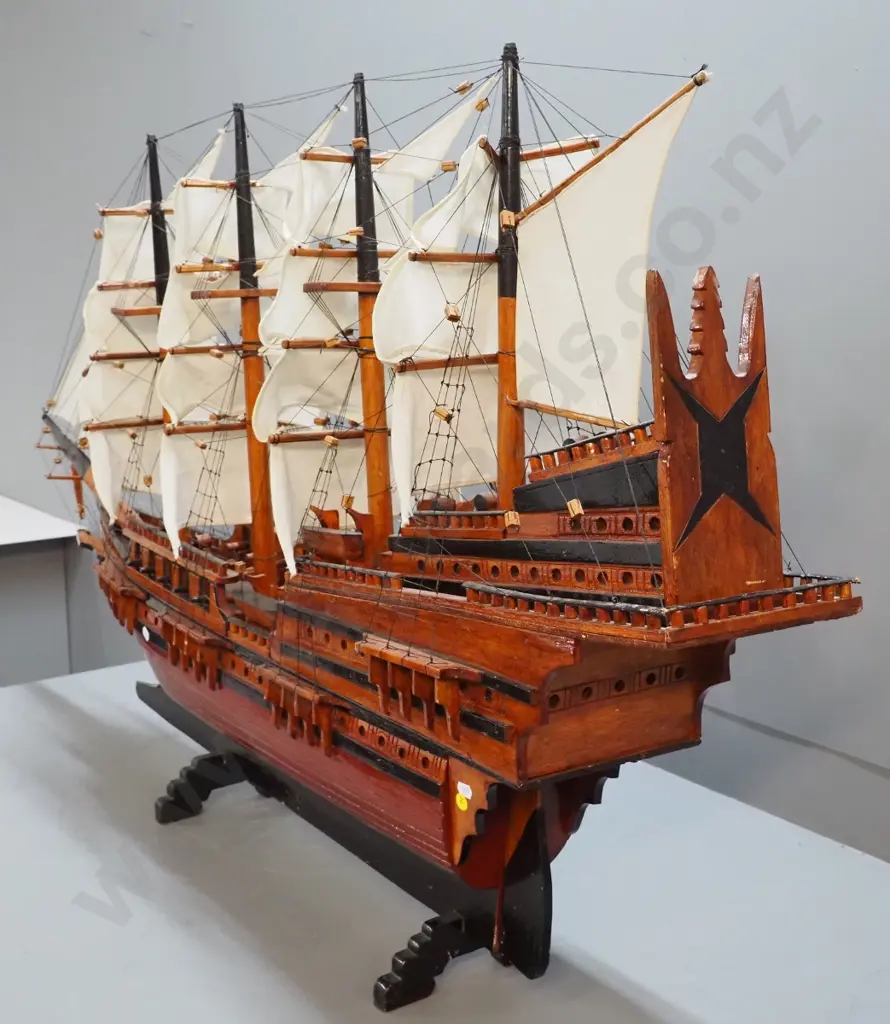 large timber model ship fully rigged with fabric sails, on integrated base H-800 L-1350 Image 1++