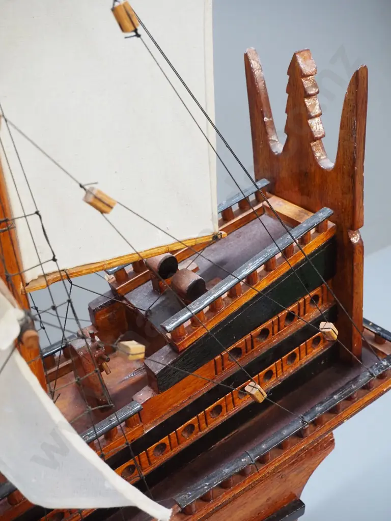 large timber model ship fully rigged with fabric sails, on integrated base H-800 L-1350 Image 1++