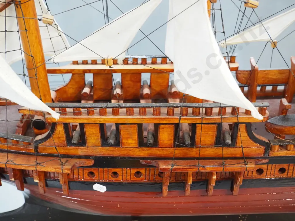 large timber model ship fully rigged with fabric sails, on integrated base H-800 L-1350 Image 1++