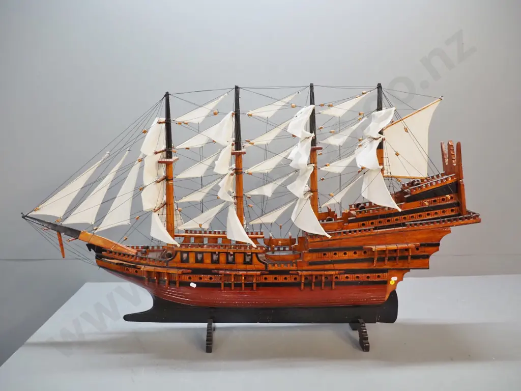 large timber model ship fully rigged with fabric sails, on integrated base H-800 L-1350 Image 1++
