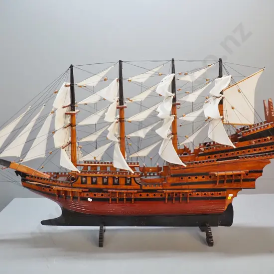 large timber model ship fully rigged with fabric sails, on integrated base H-800 L-1350