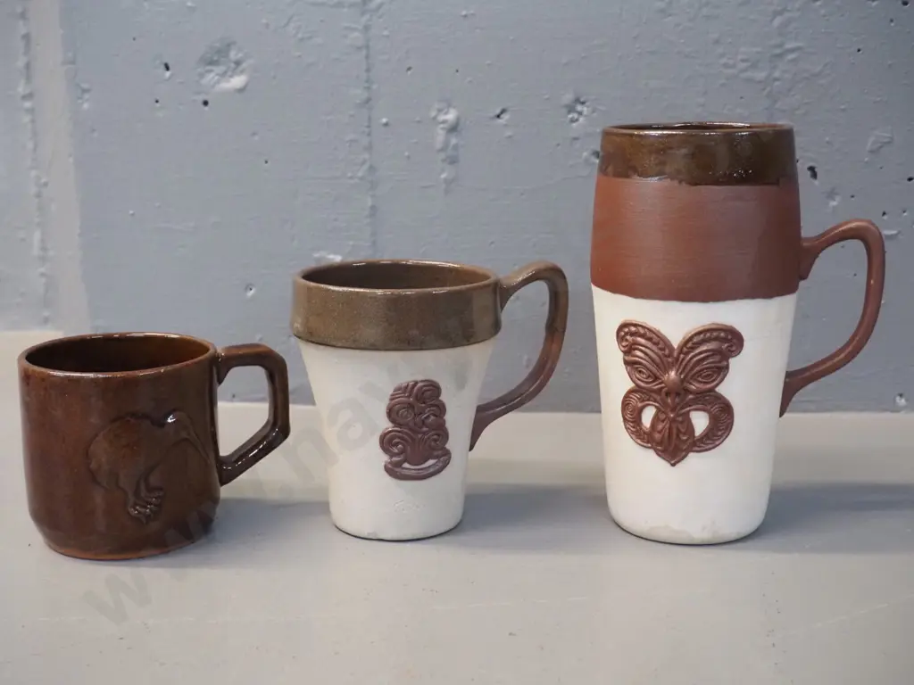 Te Rona / Lovatt New Zealand pottery items - 2 jasperware style tiki motif mugs & a high glaze kiwi motif Te Rona mug Image 1++