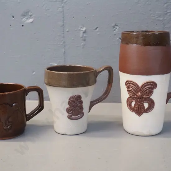 Te Rona / Lovatt New Zealand pottery items - 2 jasperware style tiki motif mugs & a high glaze kiwi motif Te Rona mug