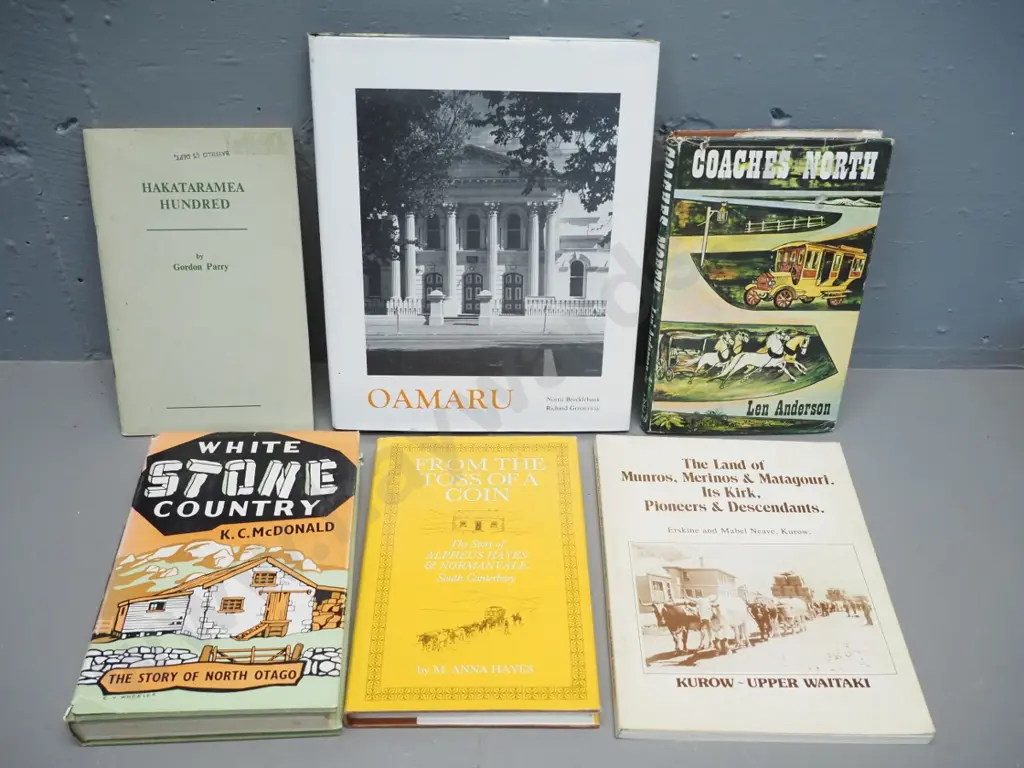 6 books - South Island histories - White Stone Country, Erskine & Mabel Neave signed copy, etc. - wear & foxing Image 1++
