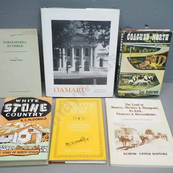 6 books - South Island histories - White Stone Country, Erskine & Mabel Neave signed copy, etc. - wear & foxing