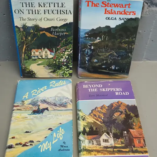 4 New Zealand books - local histories by Mona Anderson, Terry MacNichol, Barbara Harper, etc.
