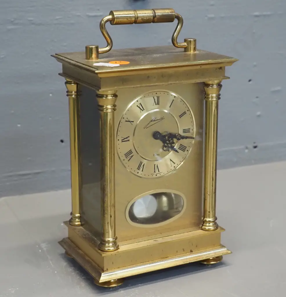 Schmid 8 Day chiming carriage style mantel clock - working H200 W110 D80 Image 1++
