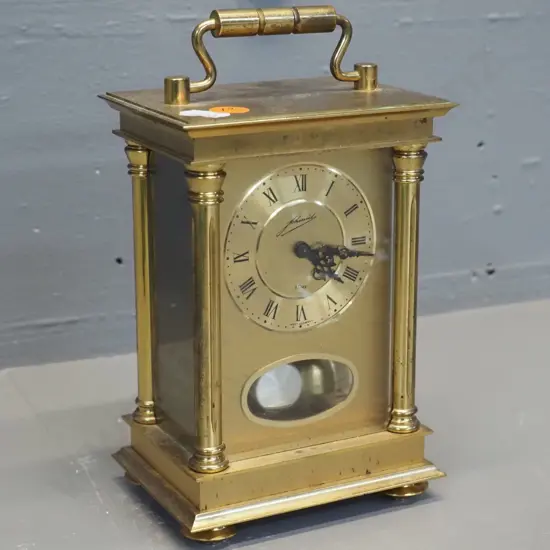 Schmid 8 Day chiming carriage style mantel clock - working H200 W110 D80
