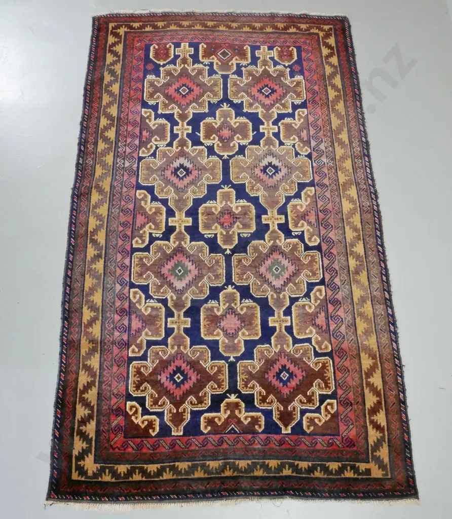 hand-knotted wool Persian floor rug - dark reds, blues and browns - some fading L-2290 W-1340 Image 1++