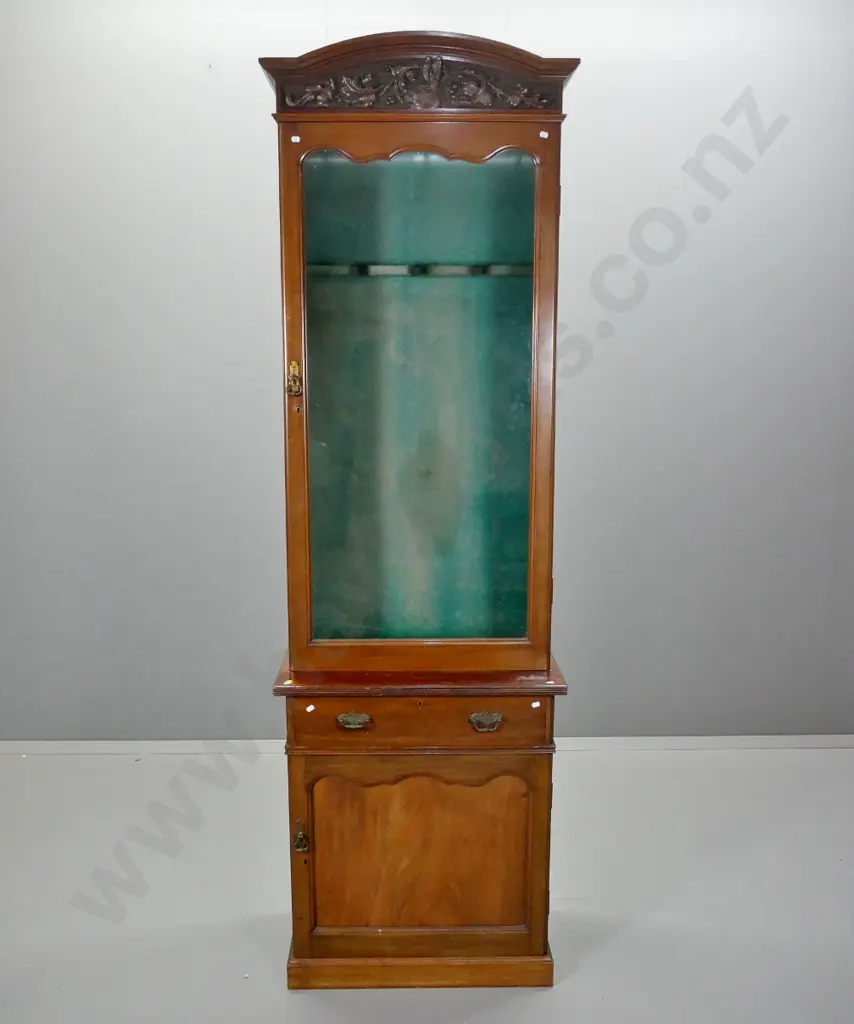 vintage gun cabinet w/carved top panel, drawer w/drop handles, lockable cupboard base Image 1++