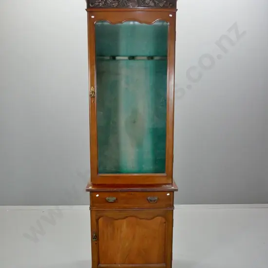 vintage gun cabinet w/carved top panel, drawer w/drop handles, lockable cupboard base