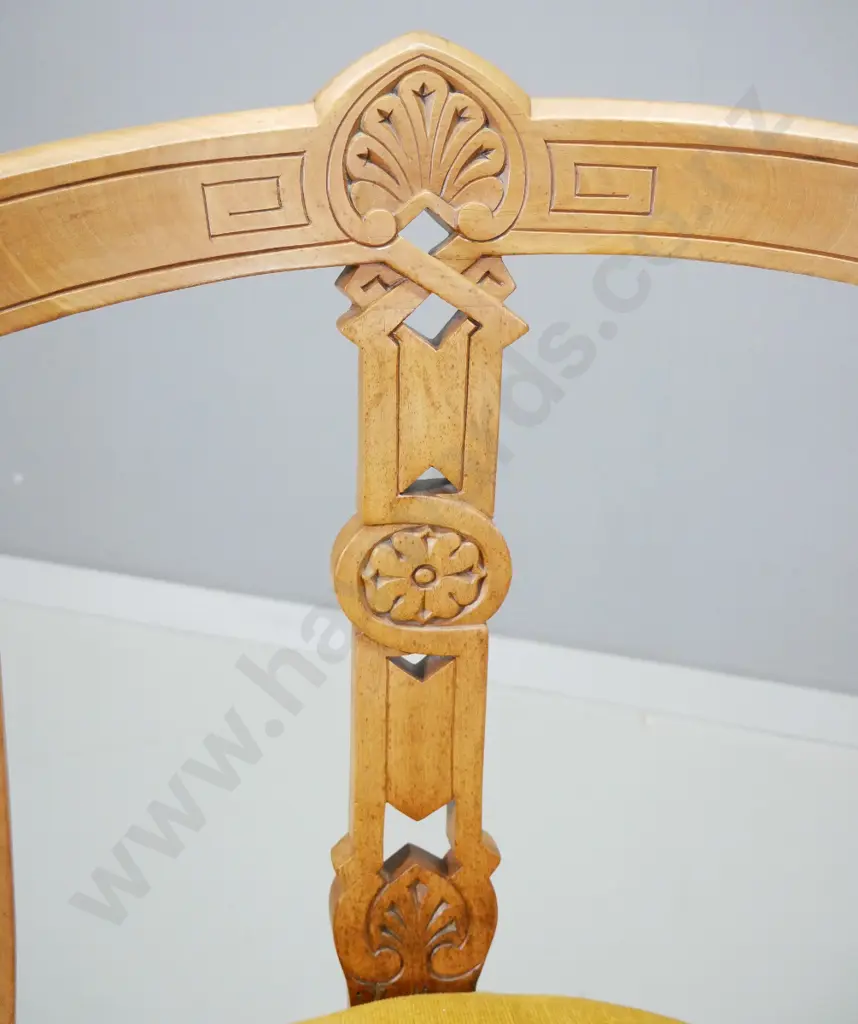 vintage walnut dining chair with carved back, original casters on front, gold velvet fabric on seat H900 W480 D530 Image 1++