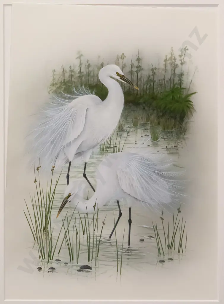 J Marshall framed watercolour herons H-770 W-590 (framing needs attention) Image 1++