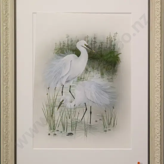 J Marshall framed watercolour herons H-770 W-590 (framing needs attention)