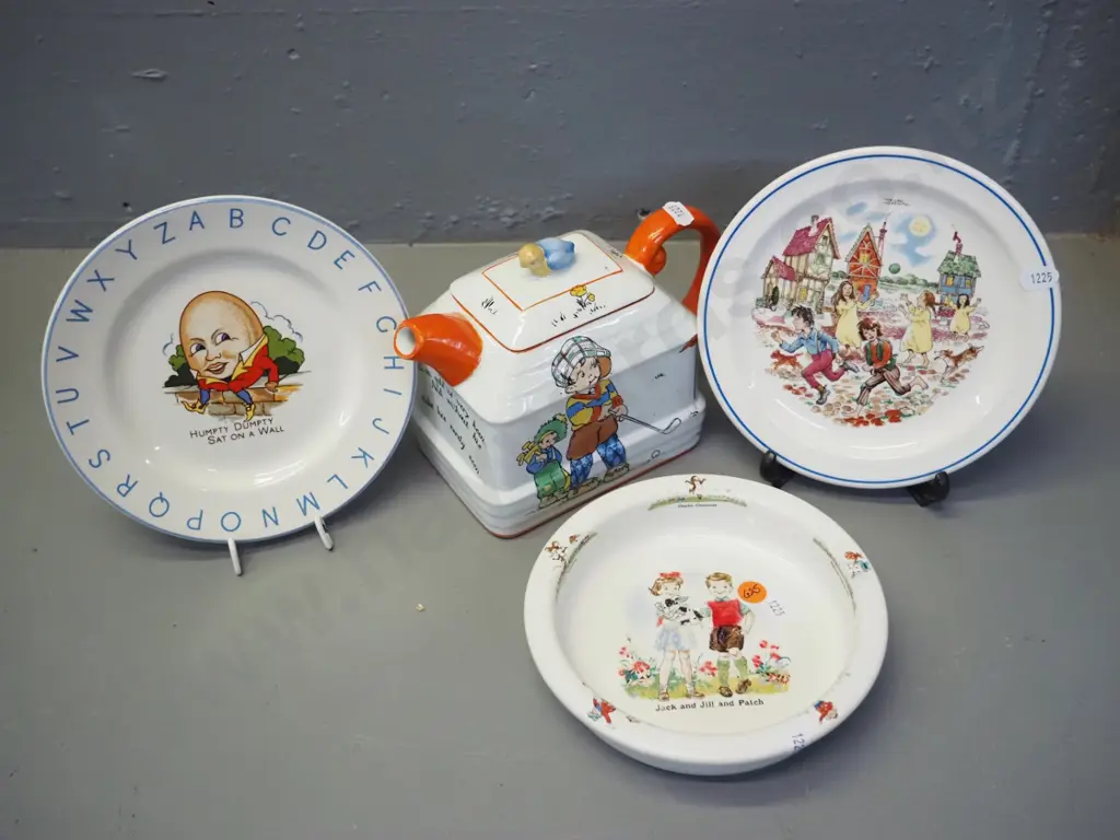 4 pieces children's china - Crown Lynn Nursery Tales, Beswick bowl, Lord Nelson plate, teapot w/repair to lid Image 1++