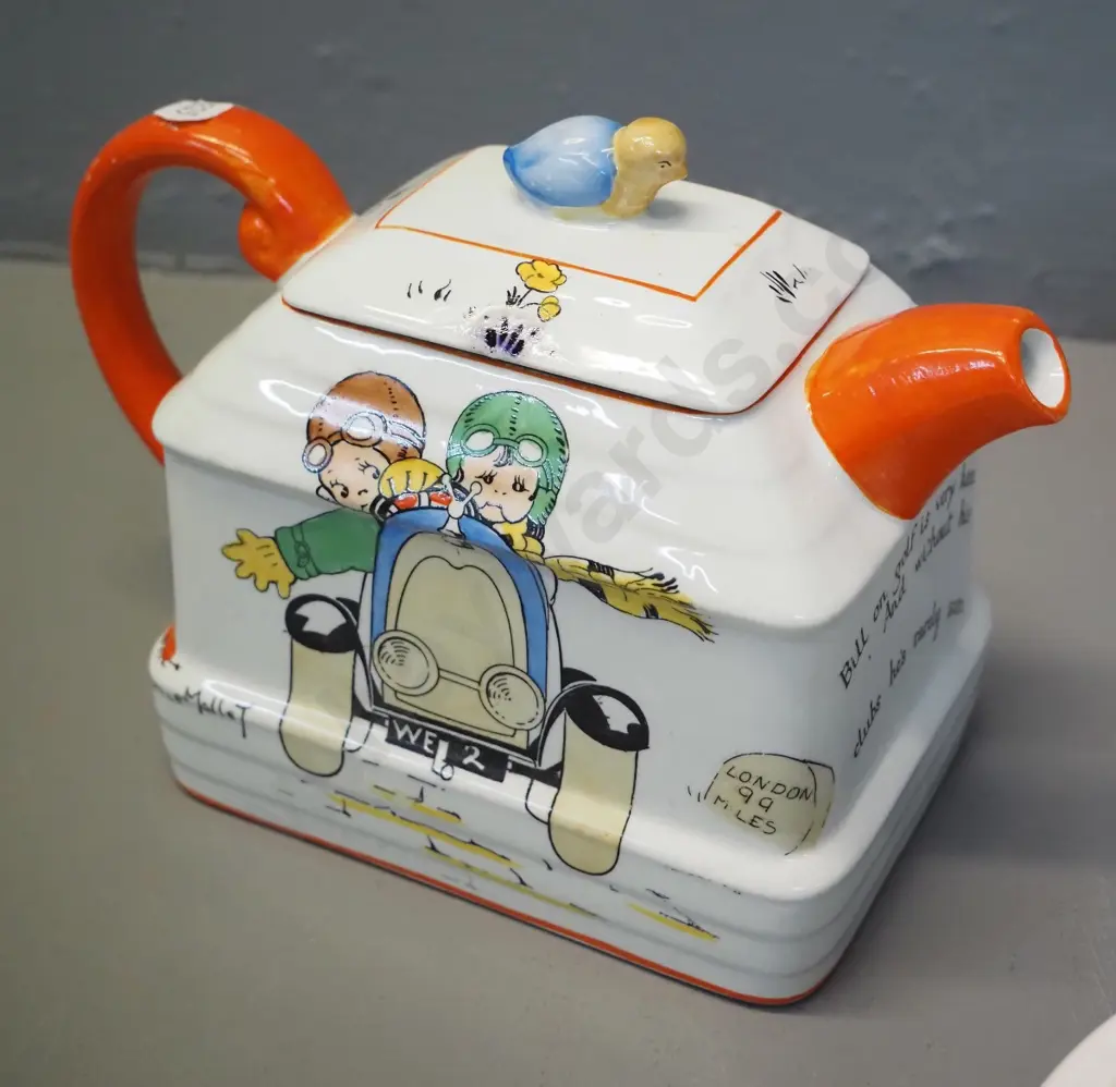 4 pieces children's china - Crown Lynn Nursery Tales, Beswick bowl, Lord Nelson plate, teapot w/repair to lid Image 1++