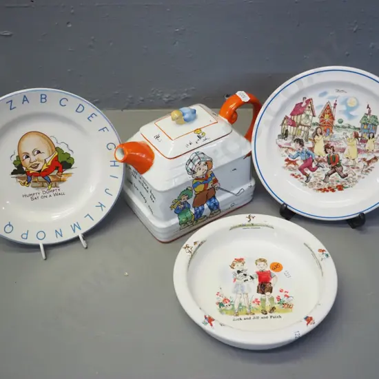 4 pieces children's china - Crown Lynn Nursery Tales, Beswick bowl, Lord Nelson plate, teapot w/repair to lid