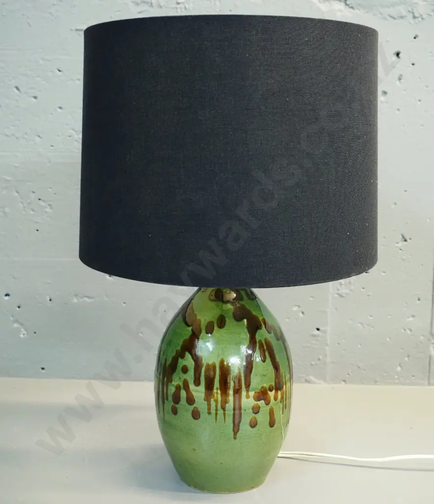 hand-potted green & brown trickle glaze pottery table lamp - with shade H-430 Image 1++