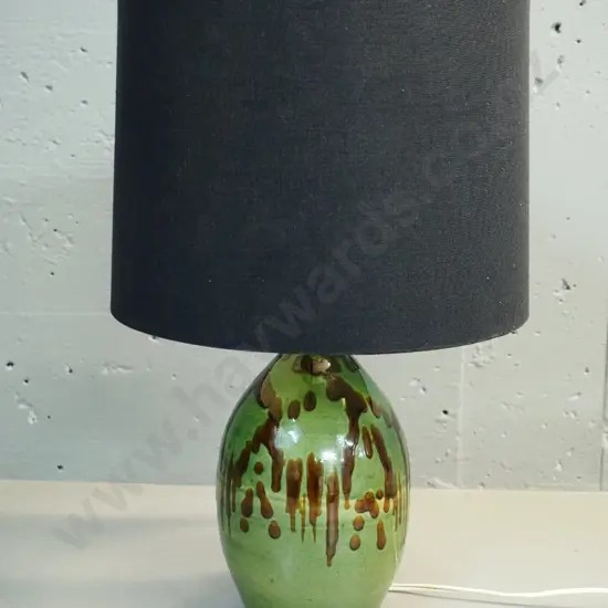 hand-potted green & brown trickle glaze pottery table lamp - with shade H-430