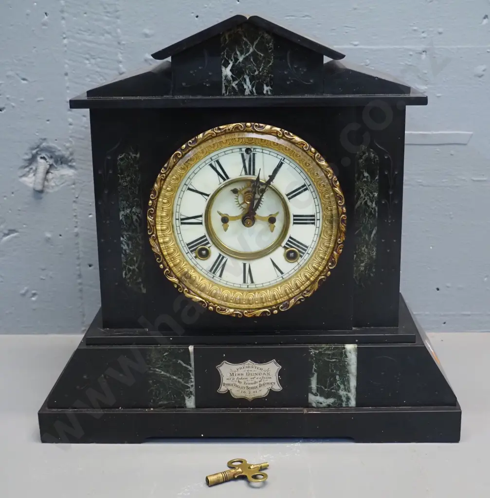 vintage Ansonia marble cased mantel clock w/1901 presentation plaque, with pendulum & key - working intermittently Image 1++