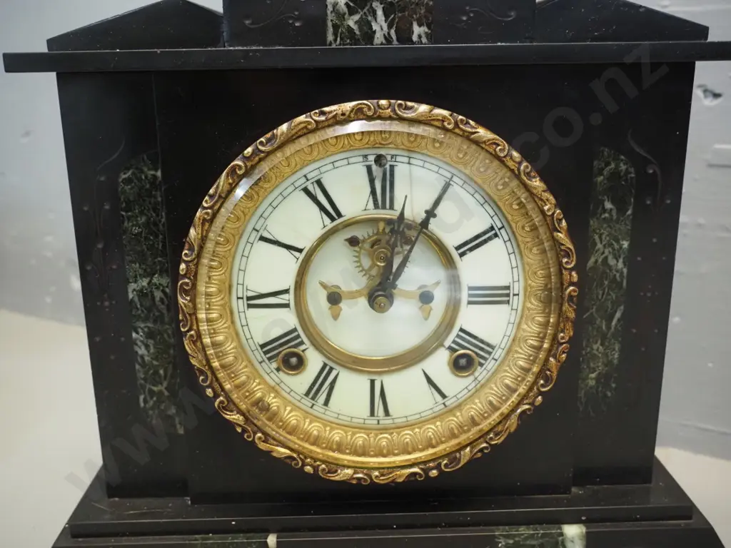 vintage Ansonia marble cased mantel clock w/1901 presentation plaque, with pendulum & key - working intermittently Image 1++