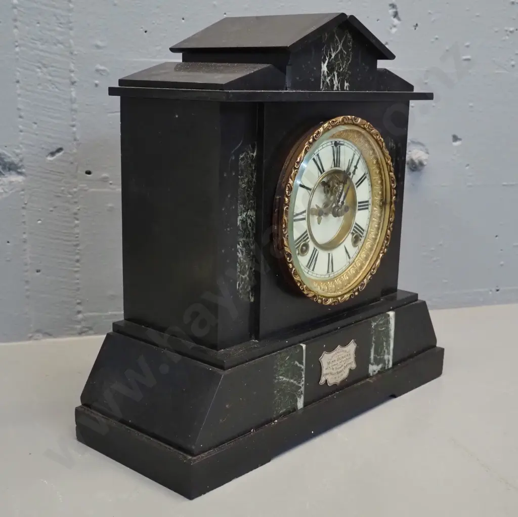 vintage Ansonia marble cased mantel clock w/1901 presentation plaque, with pendulum & key - working intermittently Image 1++