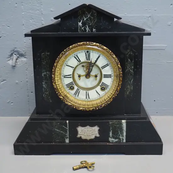 vintage Ansonia marble cased mantel clock w/1901 presentation plaque, with pendulum & key - working intermittently
