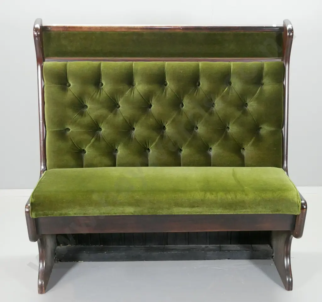 high-back mahogany & mixed timber seat w/ deep button back, velvet upholstery, tongue & groove back H1220 W1160 D530 Image 1++