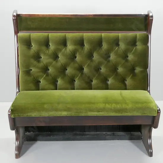 high-back mahogany & mixed timber seat w/ deep button back, velvet upholstery, tongue & groove back H1220 W1160 D530