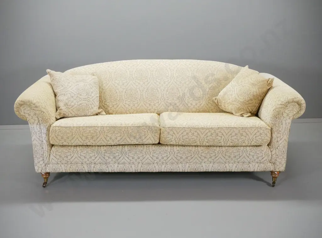 "Recline & Sprawl" Australia rolled arm chesterfield 3-seater settee, patterned chenille, some fading H840 W2100 D960 Image 1++