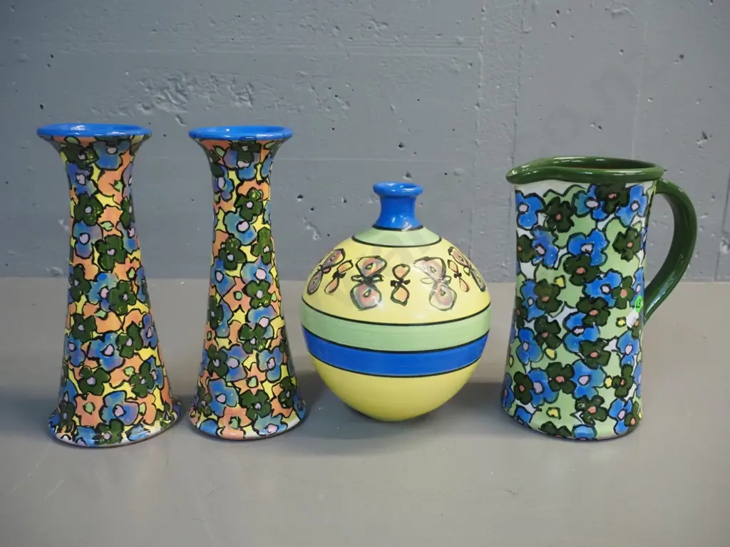 4 pieces Danny Moorwood multi colour floral studio pottery - jug, vase and a pair of candlesticks H-240 Image 1++