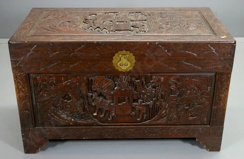 vintage large Chinese hand-carved camphorwood chest with brass lock & key - some movement in joints, small chips Image 1++