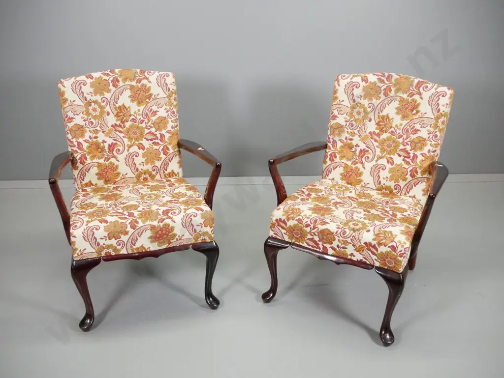 pair of mid-century mahogany framed cab-leg lounge chairs in floral brocade upholstery H810 W600 D600 Image 1++