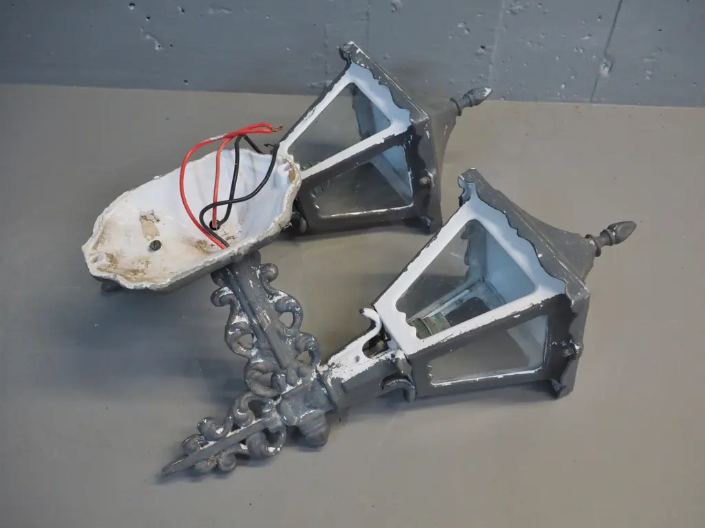 2x  cast metal and glass light fittings - double and single - chipping to paint - double is H460 W400 Image 1++