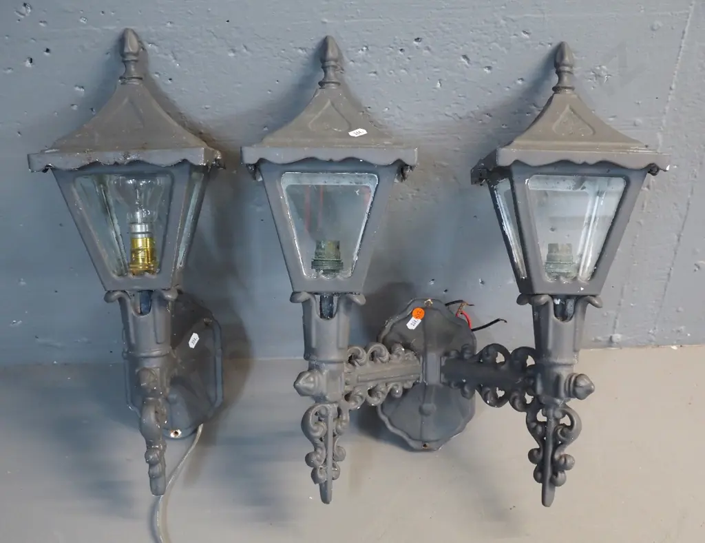 2x  cast metal and glass light fittings - double and single - chipping to paint - double is H460 W400 Image 1++