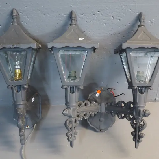 2x  cast metal and glass light fittings - double and single - chipping to paint - double is H460 W400