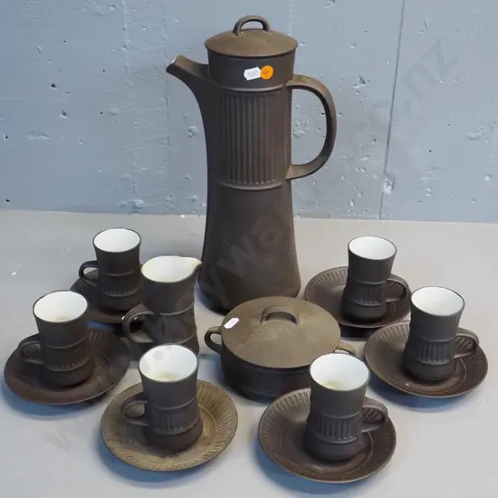 retro Danske Denmark 15-piece coffee set in matte brown exterior, cream inner - fading to one lid and 1 saucer, coffee